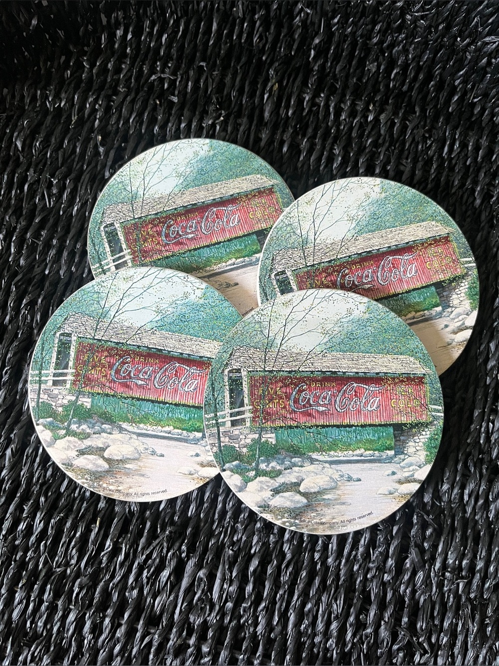 Vtg Coca-Cola Absorbent Stoneware 4 Coaster Set Collectible Coke Covered Bridge